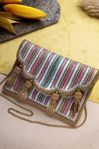 kooky champagne gold & multi striped embellished satin sling bag