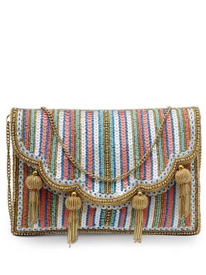 kooky champagne gold & multi striped embellished satin sling bag 4