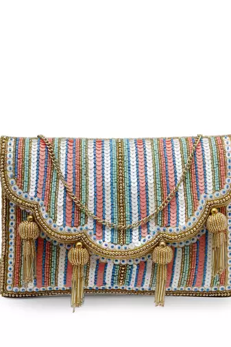 kooky champagne gold & multi striped embellished satin sling bag
