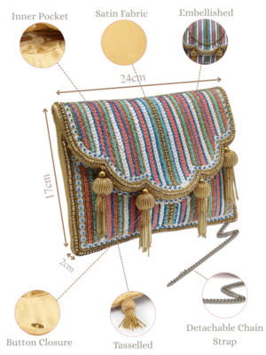 kooky champagne gold & multi striped embellished satin sling bag 5