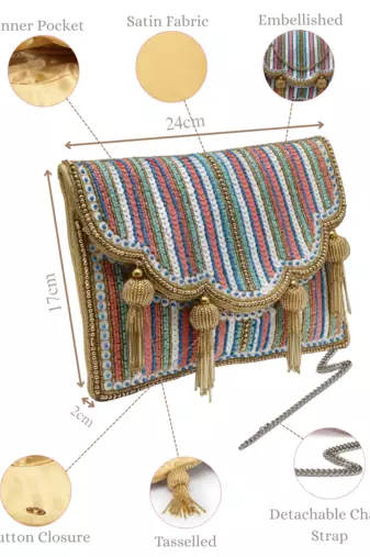 kooky champagne gold & multi striped embellished satin sling bag