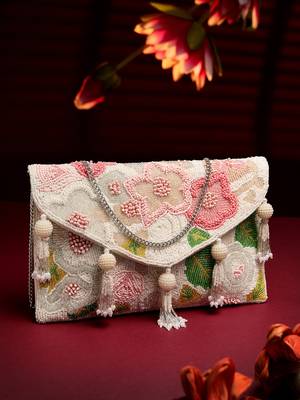 white & multi floral embellished cotton canvas sling bag 1