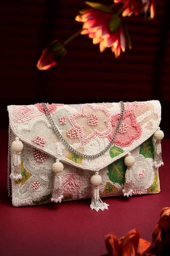 white & multi floral embellished cotton canvas sling bag