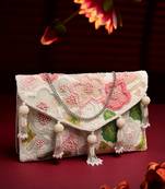 white & multi floral embellished cotton canvas sling bag