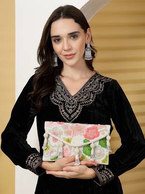 white & multi floral embellished cotton canvas sling bag 3