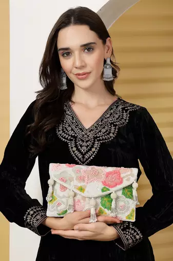 white & multi floral embellished cotton canvas sling bag