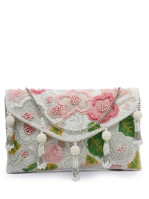 white & multi floral embellished cotton canvas sling bag 4