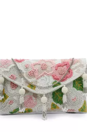 white & multi floral embellished cotton canvas sling bag