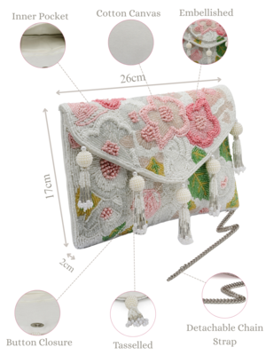 white & multi floral embellished cotton canvas sling bag 5