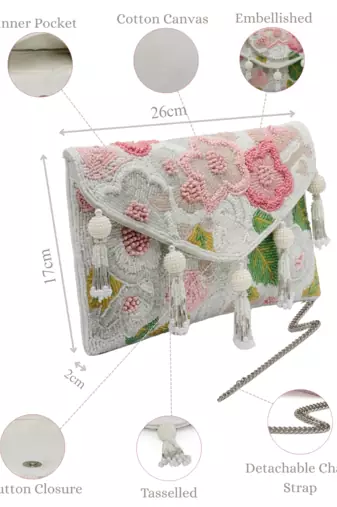 white & multi floral embellished cotton canvas sling bag