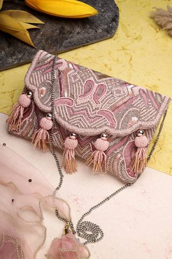  boho dusty pink abstract embellished satin sling bag
