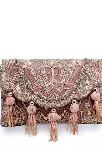  boho dusty pink abstract embellished satin sling bag