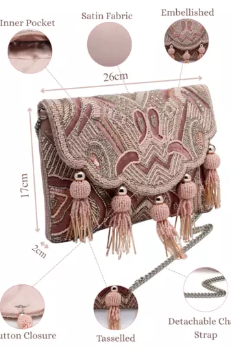  boho dusty pink abstract embellished satin sling bag