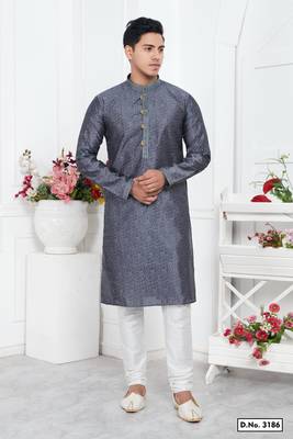 men grey jacquard silk brocade straight kurta churidar without lining 1