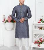 men grey jacquard silk brocade straight kurta churidar without lining