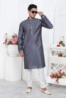 men grey jacquard silk brocade straight kurta churidar without lining 2
