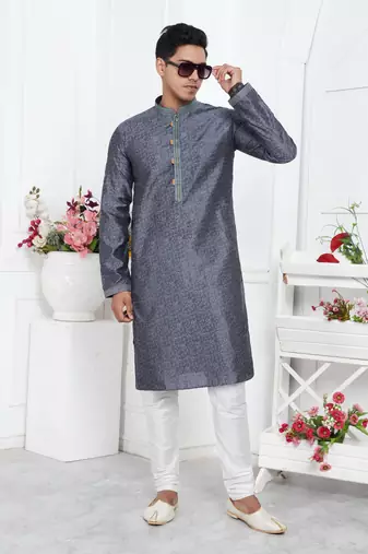 men grey jacquard silk brocade straight kurta churidar without lining