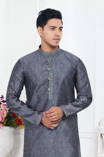 men grey jacquard silk brocade straight kurta churidar without lining