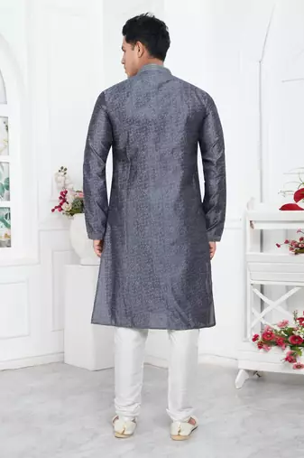 men grey jacquard silk brocade straight kurta churidar without lining