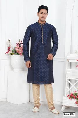 men blue jacquard silk brocade straight kurta churidar without lining & pyjama 1