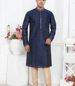 men blue jacquard silk brocade straight kurta without lining & pyjama