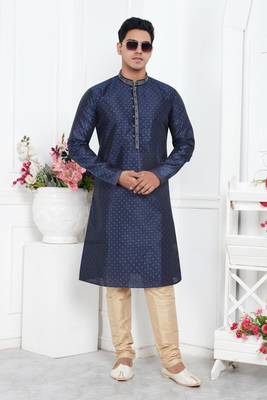 men blue jacquard silk brocade straight kurta churidar without lining & pyjama 2