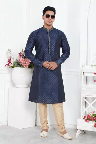 men blue jacquard silk brocade straight kurta churidar without lining & pyjama