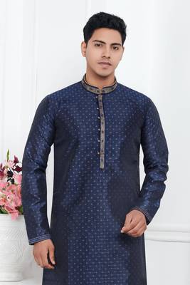 men blue jacquard silk brocade straight kurta churidar without lining & pyjama 3