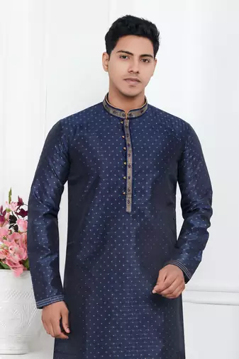 men blue jacquard silk brocade straight kurta churidar without lining & pyjama