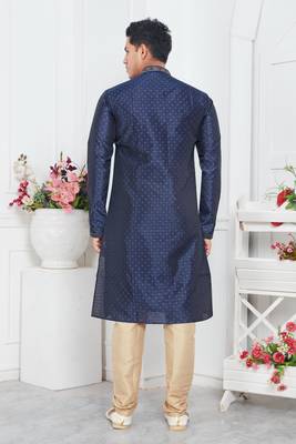 men blue jacquard silk brocade straight kurta churidar without lining & pyjama 4