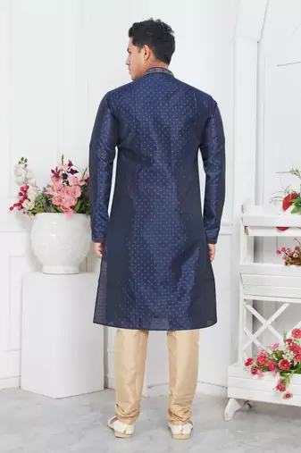 men blue jacquard silk brocade straight kurta churidar without lining & pyjama