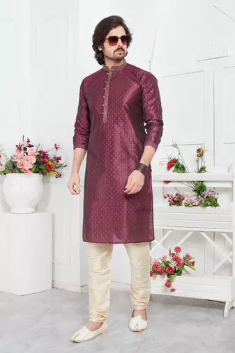 men margenta jacquard silk brocade straight kurta churidar without lining