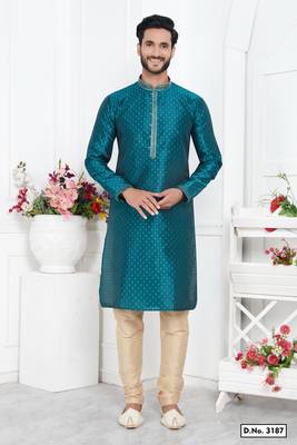 men teal green jacquard silk brocade straight kurta churidar without lining 1