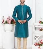 Men teal green jacquard silk brocade straight kurta without lining