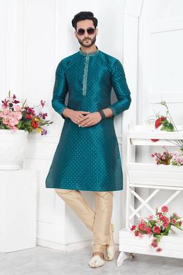 men teal green jacquard silk brocade straight kurta churidar without lining 2