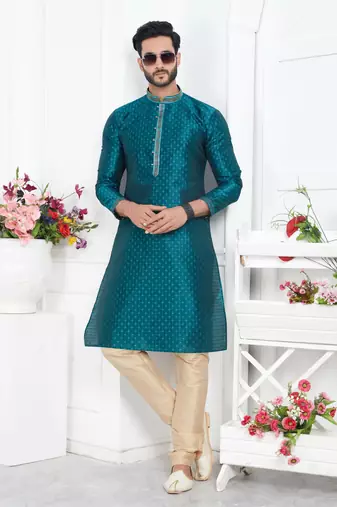 men teal green jacquard silk brocade straight kurta churidar without lining