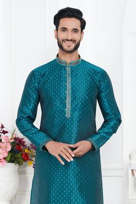 men teal green jacquard silk brocade straight kurta churidar without lining 3