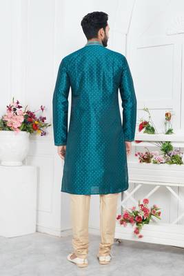 men teal green jacquard silk brocade straight kurta churidar without lining 4