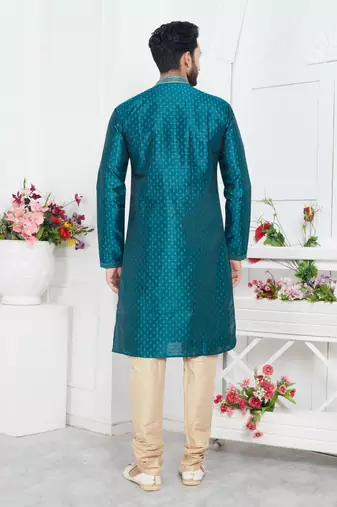 men teal green jacquard silk brocade straight kurta churidar without lining