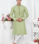 Men pista green jacquard silk brocade straight kurta without lining