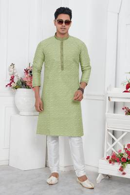 men pista green jacquard silk brocade straight kurta churidar without lining 2
