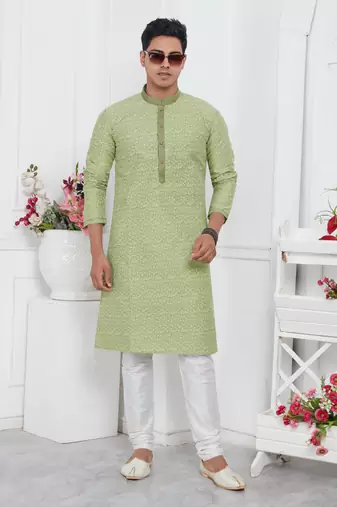 men pista green jacquard silk brocade straight kurta churidar without lining