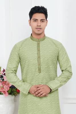 men pista green jacquard silk brocade straight kurta churidar without lining 3