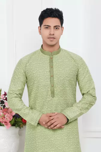men pista green jacquard silk brocade straight kurta churidar without lining