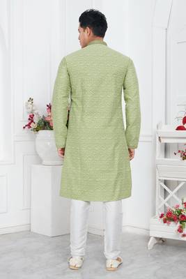 men pista green jacquard silk brocade straight kurta churidar without lining 4