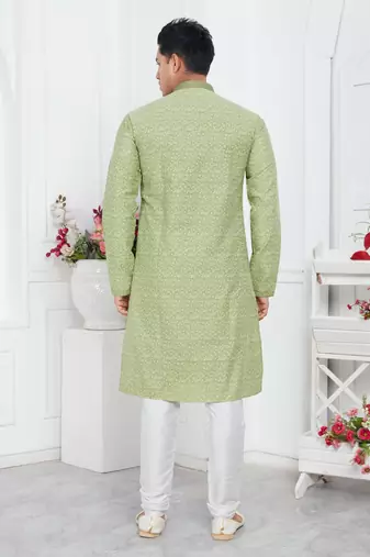 men pista green jacquard silk brocade straight kurta churidar without lining