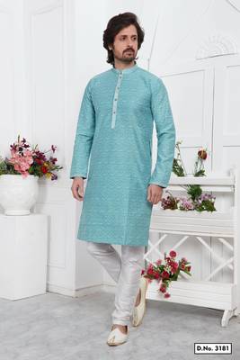 men blue jacquard silk brocade straight kurta churidar without lining 1