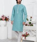 men blue jacquard silk brocade straight kurta churidar without lining