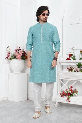 men blue jacquard silk brocade straight kurta churidar without lining 2