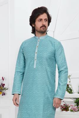 men blue jacquard silk brocade straight kurta churidar without lining 3